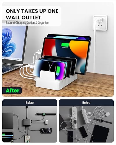 Charging Station for Multiple Devices, 6 Port Fast Charger Stations for Apple iPhone, iPad, Cell Phone, Tablet, 50w Multi Device Organizer Charging Dock with 6 Mixed Charging Cables