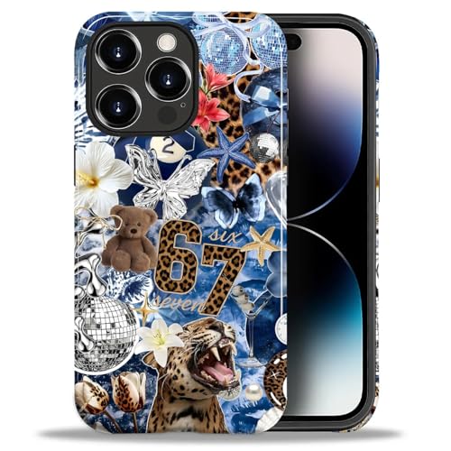 Case for iPhone 14 Pro Max, Cute Phone Case, Blue Leopard Collage | Hybrid 2-Layer Phone Cover，Military-Grade Protection Durable Shockproof Anti-Scratch Cases - color: Blue Leopard Collage, size: Iphone 14 Pro Max