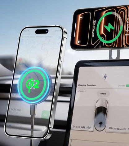 Certified Qi2 Car Phone Mount Charger for MagSafe, 360° Adjustable & Folding Arm, Universal Dashboard Windshield Mirror Screen Magnetic Holder for Tesla Model 3/Y Accessories & iPhone 17/16/15 Pro Max - size: Dash+Screen+Qi2 Charger