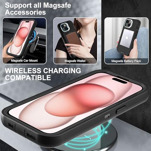 YKHJKLEC for iPhone 15 Case, Military Grade 3 in 1 Heavy Duty Shockproof/Drop Proof/Dust Proof with Kickstand Case, with 2 x Tempered Glass Screen Protector (ZJ-Black/Black) - color: ZJ-Black/Black