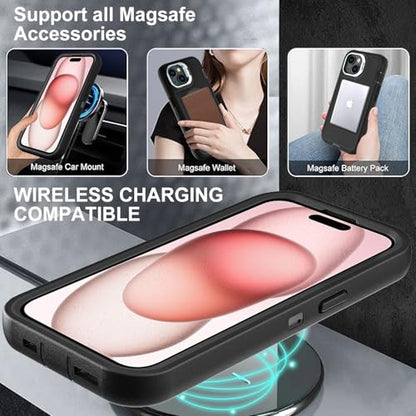 YKHJKLEC for iPhone 15 Case, Military Grade 3 in 1 Heavy Duty Shockproof/Drop Proof/Dust Proof with Kickstand Case, with 2 x Tempered Glass Screen Protector (ZJ-Black/Black) - color: ZJ-Black/Black
