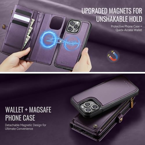 Defencase for iPhone 14 Pro Max Case Wallet Compatible with Magsafe, Purple | Drop-Proof Magnetic Detachable Phone Cases Cover, with RFID Bolcking Card Holder, Zipper Strap, PU Leather, Removable Wallet - color: (Detachable with Magsafe)-Purple
