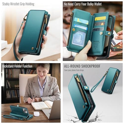 Defencase for iPhone 15 Wallet Case with RFID Blocking Card Holder, Green | Durable Soft PU Leather, with Zipper Pocket, Wrist Strap, Fashion Snap Flip Phone Cases Cover with Stand for Women and Men - color: Blue Green