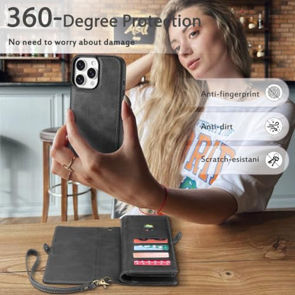 for Wallet Case Compatible with iPhone 16 Pro,Multi-Function Detachable 2 in 1 Magnetic iPhone 16 Pro Case Wallet,Flip Strap Zipper Card Holder Phone Case with Shoulder Straps(Darkgray) - color: DarkGray, size: iPhone 16 pro