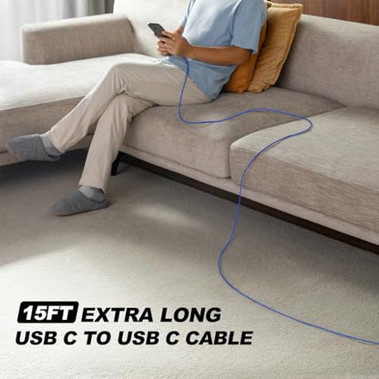 Extra Long USB C Charger 15FT, 100W C to C Cable Fast Charging USB-C Cable - color: Blue, size: 15 FT - 1 Pack, style: USB C to USB C