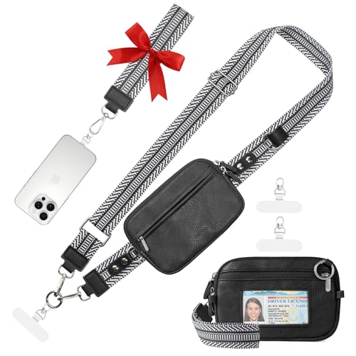 Tiostep Clip and Go Strap for Phone with Wallet Crossbody Phone Lanyard Adjustable and Anti-Theft Leather Purse with RFID Zipper Pouch for Travel Daily Life. Black Medium - color: Black