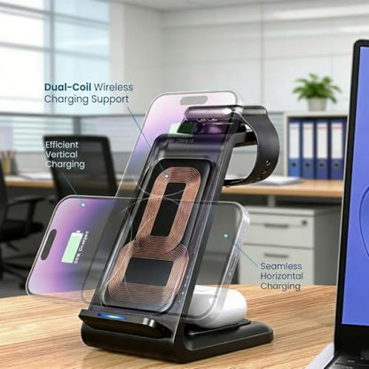3 in 1 Wireless Charging Station, 15W Wireless Charger Stand for iPhone, Charging Dock for Watch and AirPods, Type C Input with 1m Cable Included, ABS Desk Nightstand Charger