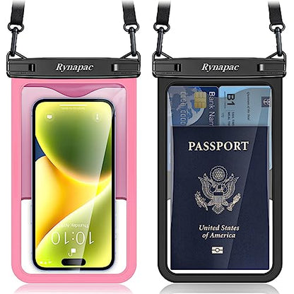 Rynapac Large Waterproof Phone Pouch [Up to 8.5"] - 2 Pack IPX8 Waterproof Phone Case for iPhone 17 16 15 Pro Max Galaxy S26 Ultra, Touchscreen & Underwater Photography, Beach Cruise Essentials 2026 - color: [Black + Pink] Large Waterproof Phone Pouch, si