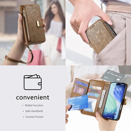for iPhone 17 Pro Phone Case Wallet, Brown | Built-in Card Holder (8-10 Cards), Zipper Pocket, Wrist Strap, Stand Kickstand, Flower PU Leather Protective Phone Case Women - color: Brown, size: iPhone 17 Pro