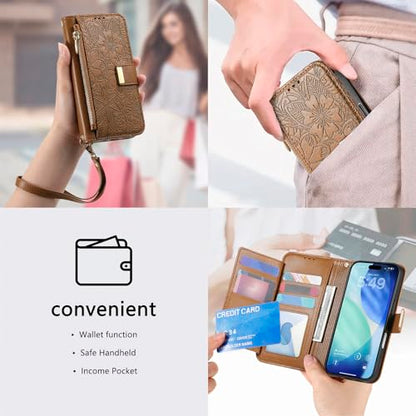 for iPhone 17 Pro Phone Case Wallet, Brown | Built-in Card Holder (8-10 Cards), Zipper Pocket, Wrist Strap, Stand Kickstand, Flower PU Leather Protective Phone Case Women - color: Brown, size: iPhone 17 Pro