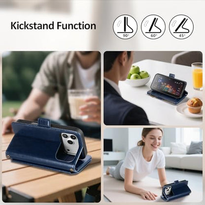 Antsturdy Compatible with MagSafe iPhone 17 Pro Max Wallet Case,Dark Blue | Detachable Magnetic Credit Card Holder,RFID Blocking,PU Leather Zipper Purse,Wrist Strap Kickstand,Flip Phone Cover for Women - color: (Detachable with Magsafe)-Dark Blue