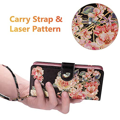 UEEBAI Wallet Case for iPhone 15, PU Leather Phone Cover Kickstand RFID Blocking Flip Case Card Slots Wrist Strap Relief Engraved Pattern Magnetic Closure Flower Folio Wallet, Black Rose - color: Black Rose, size: iPhone 15