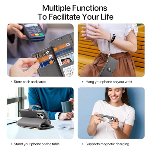 for iPhone 17 Pro Case Wallet, Detachable Magnetic Wallet Case | Compatible with Magsafe, RFID Blocking, Zipper Card Holder, PU Leather Flip Folio Case, Strap Wallet Case - color: Gray, size: iPhone 17