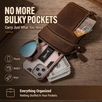 Top Grain Leather Cell Phone Pouch Belt Bag Small Crossbody Purse - color: Coffee_a