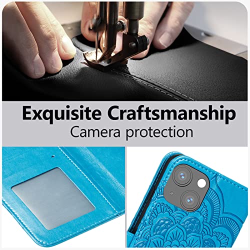 EYZUTAK Case for iPhone 14 Plus, Premium PU Leather Magnetic Flip Wallet Case with Card Holder Cash Slot Lanyard Strap Kickstand Function Embossed Mandala Flower Pattern Shockproof Cover - Blue - color: Blue, size: iPhone 14 Plus