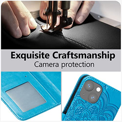 EYZUTAK Case for iPhone 14 Plus, Premium PU Leather Magnetic Flip Wallet Case with Card Holder Cash Slot Lanyard Strap Kickstand Function Embossed Mandala Flower Pattern Shockproof Cover - Blue - color: Blue, size: iPhone 14 Plus