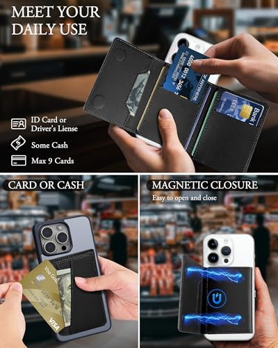 For MagSafe Wallet, Strong Magnet Wallet with RFID Blocking, 9 Cards Holder - color: Black Trifold MagSafe Wallet