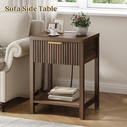 Night Stand Set 1, Fluted Wood Bedside Table w/Socket Station for Bedroom - color: Walnut, size: 1 Drawer-Set of 1 Nightstand