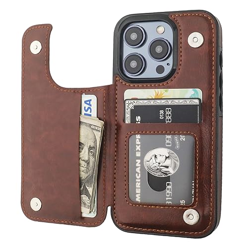 ONETOP for iPhone 15 Pro Wallet Case with Credit Card Holder,Brown | Kickstand,ID/Cash Holder,Case Wallet with Card Slots,Double Magnetic Clasp,Durable PU Leather Shockproof Cover for Women Men - color: Brown