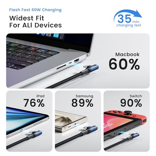 toocki 60W USB C Cable, Right Angle Type C Fast Charging Cable, 10FT 2-Pack - size: 10FT+10FT