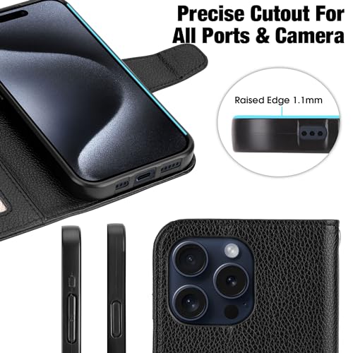 Arae Compatible with iPhone 15 Pro Case with Card Holder and Wrist Strap Wallet Flip Cover for iPhone 15 Pro 6.1 inch Men RFID Blocking Wristlet Kickstand,Litchi Black - color: Litchi Black, size: iPhone 15 Pro 6.1 inch