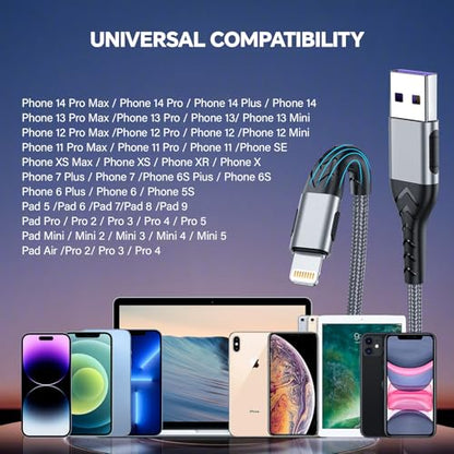 Compatible with Phone Chargers - 3 Pack 10ft USB A Liightning Cable, Fast Charging & Data Sync Cord, Compatible with Phone 14/13/12/11/Pro/Max/XS/XR/X/8/7/6/Plus/Pad etc.