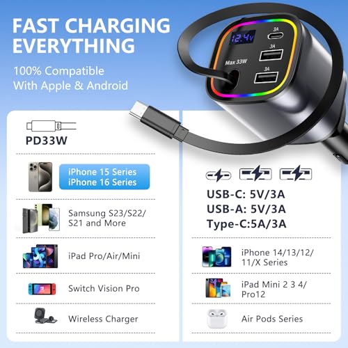 Retractable Car Charger, 4 in 1 Fast Car Charger 78W with 4 Ports(Grey) - color: Grey
