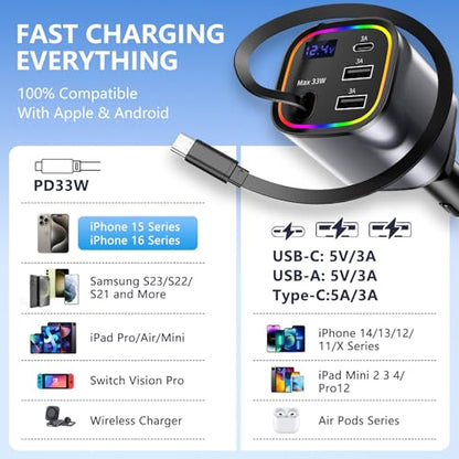 Retractable Car Charger, 4 in 1 Fast Car Charger 78W with 4 Ports(Grey) - color: Grey