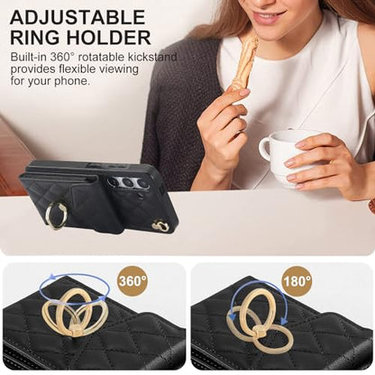 Asuwish Phone Case for Samsung Galaxy S24 5G Wallet Cover with Tempered Glass Screen Protector and Crossbody Wrist Strap Ring Stand RFID Blocking Card Holder Leather Cell S 24 24S G5 Women Girls Black - color: Black