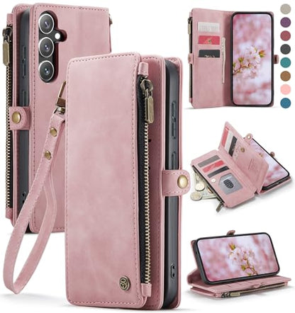 Defencase for Samsung Galaxy S25+/Plus Wallet Case with Card Holder, Pink | with RFID Blocking Zipper Pocket, Durable PU Leather, Wrist Strap, S25 Plus Flip Phone Cases Cover with Stand for Women Men - color: Airy Rose Pink