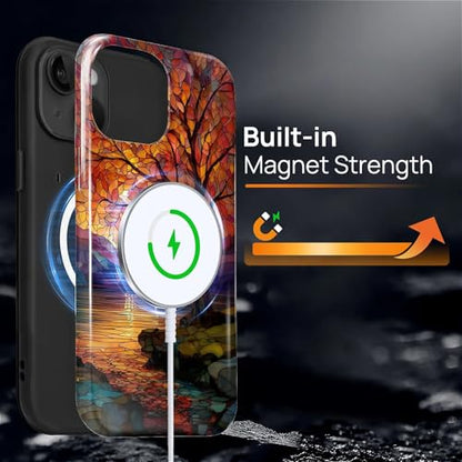 Magnetic Phone Case for iPhone 13/14,Compatible with MagSafe,Durable 2 Layers Full Covered Shockproof Protective Cover-Stained Glass Sunrise Fall Leaves - color: Stained Glass Sunrise Fall Leaves, size: iPhone 13/14