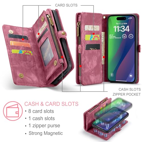 Compatible with iPhone 15 Plus Wallet Case with Magsafe,Red | Magnetic Detachable Case,Card Holder,Zipper Pocket,Strap Wristlet, Soft Leather Drop-Proof Phone Case for iPhone 15 Plus 6.7" - color: Red, size: iPhone 15 Plus 6.7"