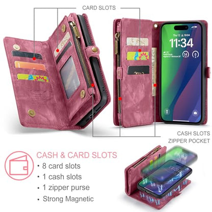 Compatible with iPhone 15 Plus Wallet Case with Magsafe,Red | Magnetic Detachable Case,Card Holder,Zipper Pocket,Strap Wristlet, Soft Leather Drop-Proof Phone Case for iPhone 15 Plus 6.7" - color: Red, size: iPhone 15 Plus 6.7"
