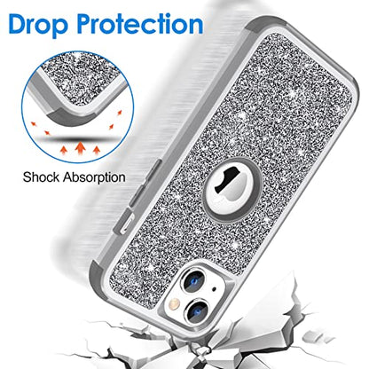 Hython Case for iPhone 13 Case Glitter, Cute Sparkly Shiny Bling Sparkle Cover, Heavy Duty 3 in 1 Hybrid Hard PC Soft TPU Bumper Full Body Shockproof Protective Phone Cases for Women Girls, Gray - color: Gray