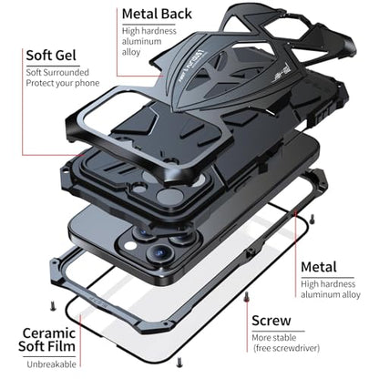 Armor Phone Case for iPhone 16 Pro Max Military Grade Cover 360 Full Protection Heavy Duty Hybrid Metal Bumper Built-in Silicone Shockproof with Screen Protector - Black | Armor Heavy Duty, Full Body Cover, Aluminium Bumper, Built-in Silicone Shockproof D