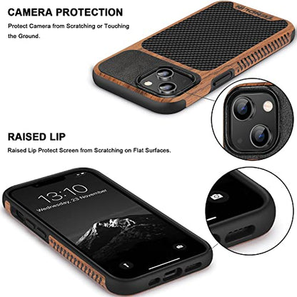 TENDLIN Compatible with iPhone 14 Case Wood Grain with Carbon Fiber Texture Design Leather Hybrid Slim Case Black - color: Black, size: iPhone 14