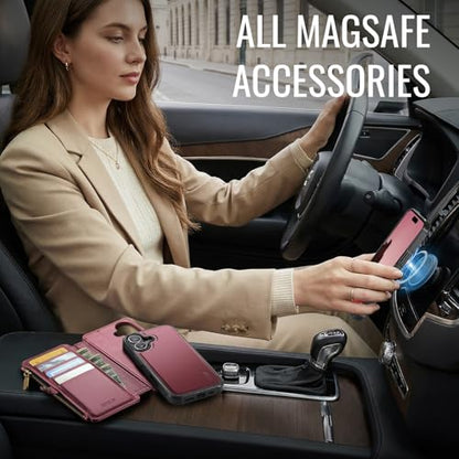 for iPhone 16 - Phone Case Wallet Magnetic Detachable, Burgundy - color: Burgundy, size: iPhone 16
