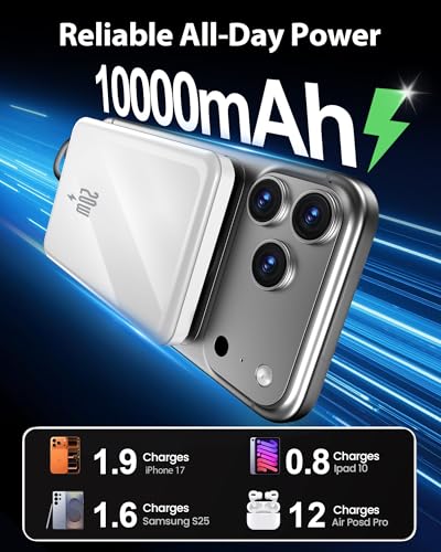 10000mAh Portable Charger, 20W Fast Charging, Built-in Cables with Handle | Charge from 20% to 85% in 30 Mins, 30% Smaller, magnetic grip, Stays Cool, LED Display, for iPhone, Samsung, Android Phones - color: 02.White