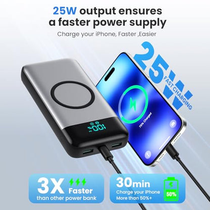 Wireless Portable Charger 40800mAh with 3 Built-in Cables,7-in-1 15W Wireless Charging Power Bank,25W PD QC 4.0 Fast Charging USB C Travel Essentials Battery Pack for iPhone 17/16/15/14,Galaxy,Android
