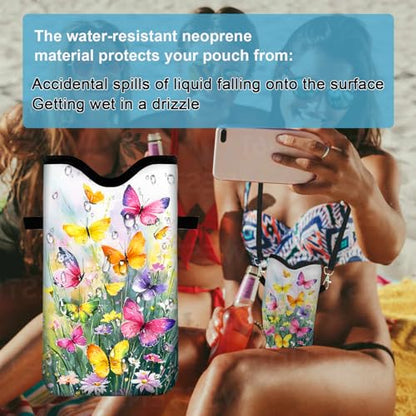 Neoprene Cell Phone Sleeve Pouch Case Bag with Crossbody Strap Neck Lanyard for Women 7.1 X 3.9 in Flower Butterfly - color: Flower Butterfly