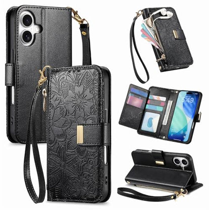 for iPhone 17 Phone Case Wallet, Black | Built-in Card Holder (8-10 Cards), Zipper Pocket, Wrist Strap, Stand Kickstand, Flower PU Leather Protective Phone Case Women - color: Black, size: iPhone 17