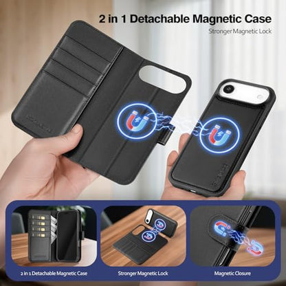 Magnetic 2 in 1 Detachable Compatible with Magsafe iPhone Air Genuine Wallet Case with Card Holder,Women Men Real Leather Flip RFID Blocking Credit Card Slots Stand Phone Cover,Black - color: Black, size: iPhone Air - 6.5"