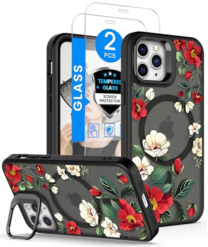 Dretal Magnetic for iPhone 11 Pro Case Floral,Screen Protector,Built-in Lens Ring Stand,Military-Grade Protection,Translucent Matte Magnetic Shockproof Flower Pattern Case for Women Girls-Black - color: Black, size: iPhone 11 Prp 5.8"