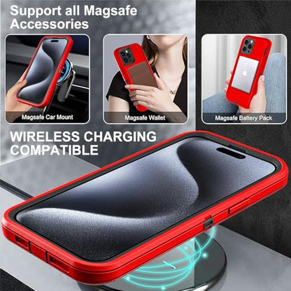 YKHJKLEC for iPhone 15 Pro Case, Compatible with Magsafe, Military Grade 3 in 1 Heavy Duty Shockproof/Drop Proof/Dust Proof Case with 2Pcs Tempered Glass Screen Protector (New-Red/Black) - color: New-Red/Black