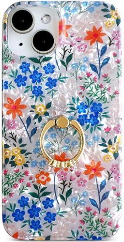 Qokey Cover for iPhone 13/14 6.1 Inch, Clear Glitter Flower for Women Girls with 360 Degree Rotating Ring Kickstand, Soft TPU Shockproof Non-Yellowing Case, Powder Blue Floral - color: Powder Blue
