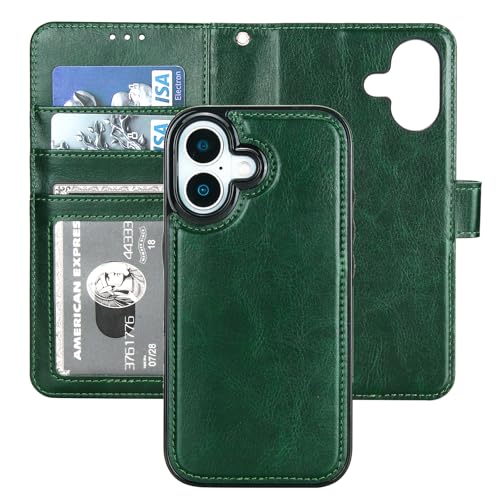 Bocasal Detachable Wallet Case Card Holder for iPhone 17, Green | RFID Blocking Kickstand Card Slots Holder PU Leather Magnetic Shockproof Wrist Strap Removable Flip Protective Cover 6.3 inch - color: Green