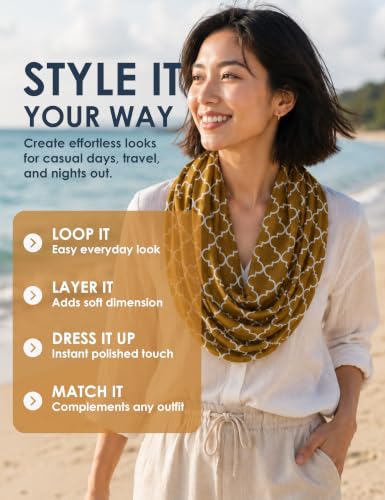 Pop Fashion Quatrefoil Pattern Infinity Scarf for Women - Travel Scarf with Hidden Pocket - All Seasons - color: Brown, size: 24.5 x 9.5