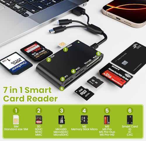 7 in 3 SIM Card Reader& CAC Reader Military Smart Card Reader for iPhone/PC - color: Black, size: USB/Lightning/US-C SIM cardreader