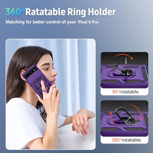 Vinve for Google Pixel 6 Pro Case with Slide Lens Cover, Military Grade Drop Protection, Magnetic Rotated Ring Holder Kickstand Phone Case (Deep Purple) - color: Deep Purple
