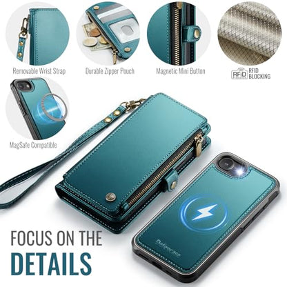 Defencase for iPhone 17e/16e Case Wallet Compatible with Magsafe, Bluegreen | Drop-Proof Magnetic Detachable Phone Cases Cover, with RFID Bolcking Card Holder, Zipper Strap, PU Leather, Removable Wallet - color: (Detachable with Magsafe)-Blue Green